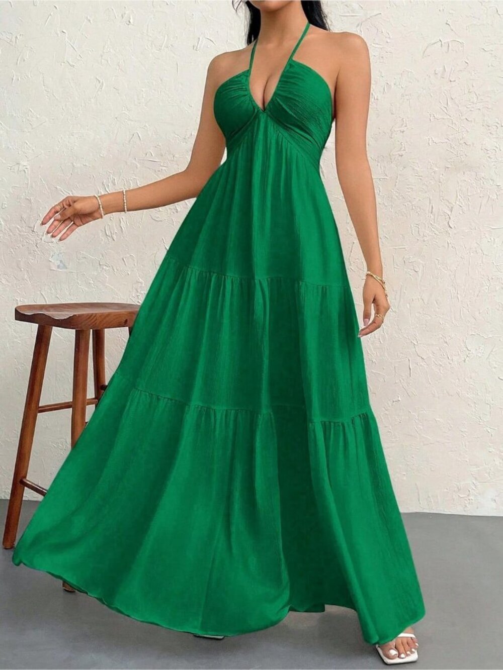 Women's Maxi Summer Dresses Green Halter V Neck Beach Dresses A-Line Dress - Picture 4 of 7